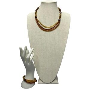 Vintage Festoon Necklace Triple Strand Faceted Amber Glass Beaded 18"